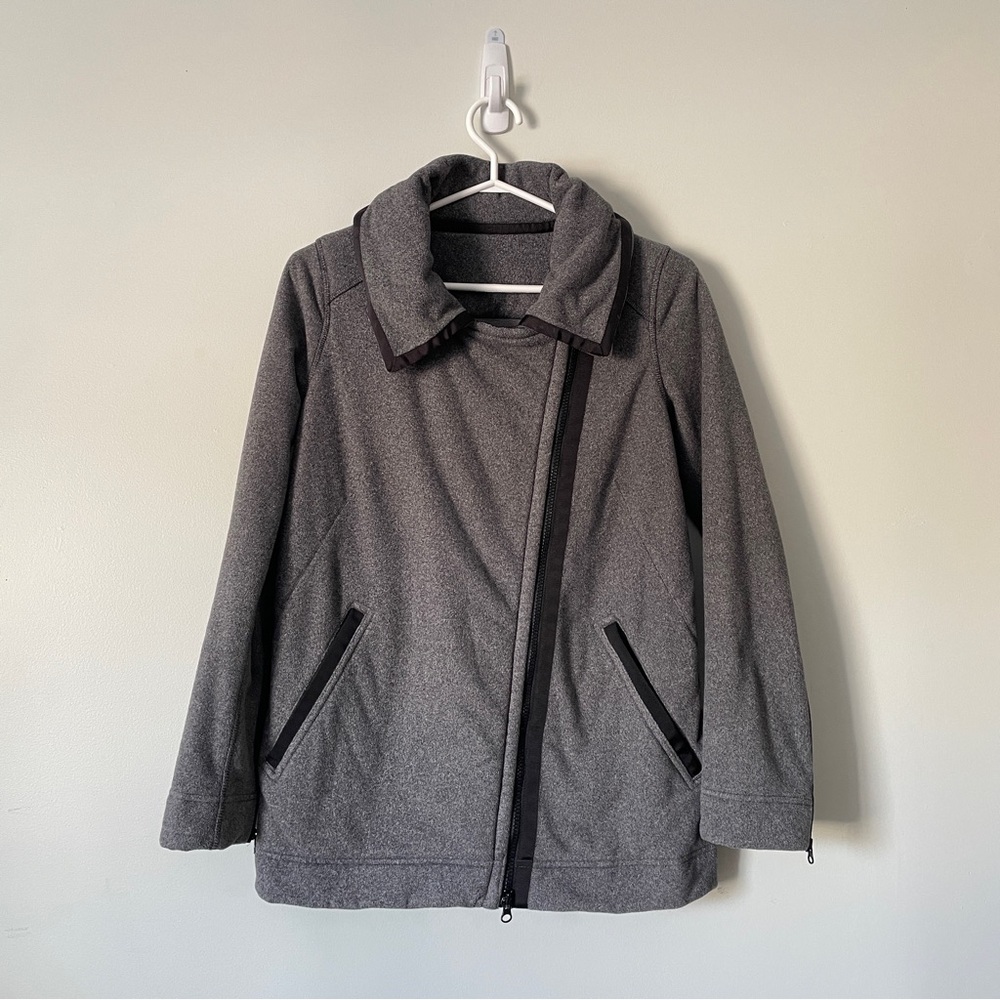 LULULEMON Moto Jacket Ambient Grey Black Fleece Zip Up Asymmetrical Biker Coat 4 - Picture 2 of 12